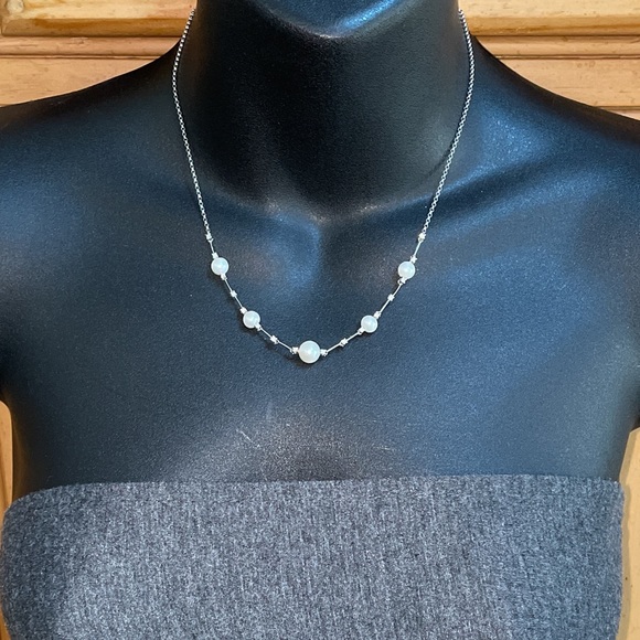 Solid 14K White Gold Pearl Real or Faux Unknown Diamond Necklace - Picture 4 of 11